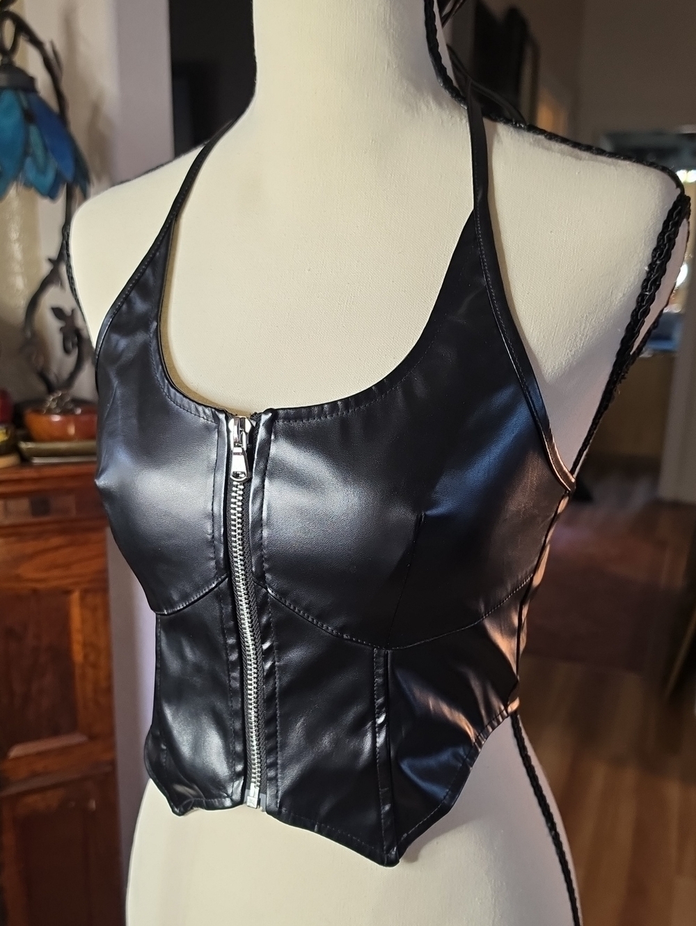 Faux Leather Black Front-Zip Halter Crop Top With Corset Fit.
